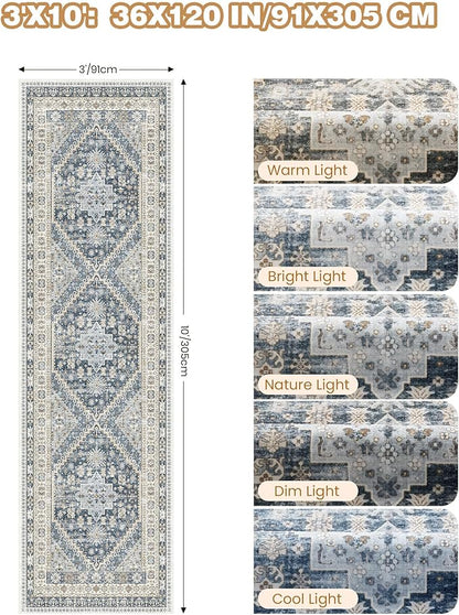 3x10 Runner Rug Non Slip Washable for Entryway, Front Porch, Vintage Hallway Runner for Laundry Room, Bedroom, Stain Resistant Thin Indoor Kitchen Mats for Floor(Blue/Beige,3'x10')