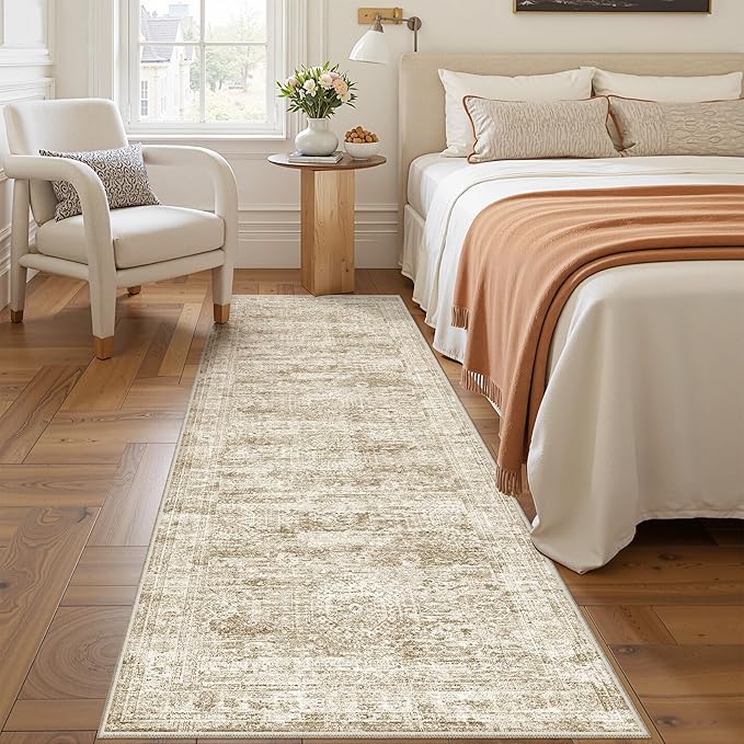 Kitchen Runner Rug Non Slip - 2.5 x 8 Runners for Hallways, Entryway, Bedroom, Washable Runner Rugs for Bathroom, Laundry Room, Low Pile Soft Vintage Area Rug(2.5'x8', Brown/Ivory)