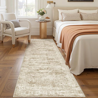 Kitchen Runner Rug Non Slip - 2.5 x 8 Runners for Hallways, Entryway, Bedroom, Washable Runner Rugs for Bathroom, Laundry Room, Low Pile Soft Vintage Area Rug(2.5'x8', Brown/Ivory)