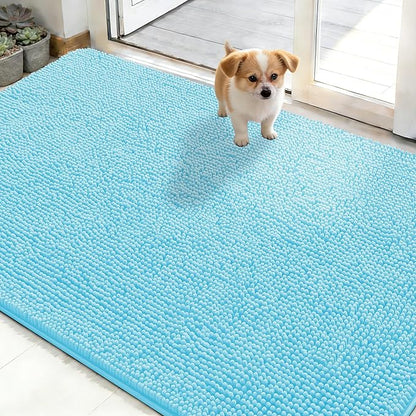 OLANLY Dog Door Mat for Muddy Paws 48x30, Absorbs Moisture and Dirt, Absorbent Non-Slip Washable Doormat, Quick Dry Chenille Mud Mat for Dogs, Entry Indoor Entryway Carpet for Inside Floor, Blue