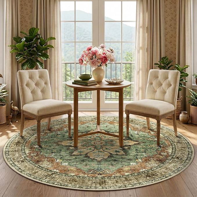 RELEANY Area Rugs 5ft Washable Non-Slip, Floral Vintage Distress Print Pattern Medallion Carpet for Living Room Bedroom Dining Room, Brick Red Rust Neutral Brown Burnt Orange