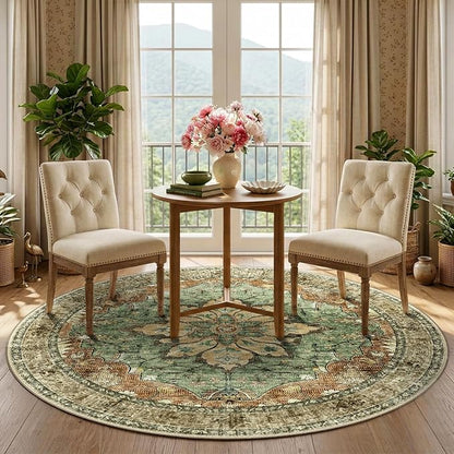RELEANY Area Rugs 5ft Washable Non-Slip, Floral Vintage Distress Print Pattern Medallion Carpet for Living Room Bedroom Dining Room, Brick Red Rust Neutral Brown Burnt Orange