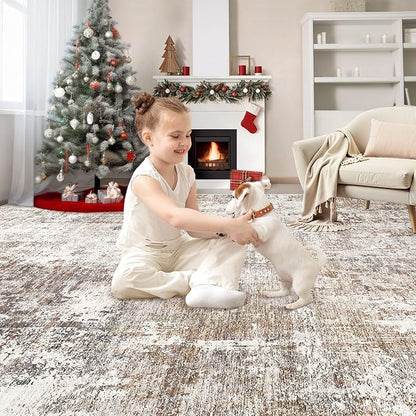 UERMEI Area Rug Living Room Rugs - Washable Neutral Modern Abstract Soft Thin Rug Indoor Floor No Slip Rug Carpet for Bedroom Under Dining Table Home Office Decor - Brown/Grey/Red - 10x12