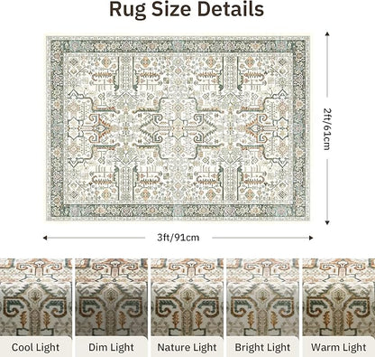 Washable 2x3 Entryway Area Rug - Small Non Slip Vintage Kitchen Runner Rugs Indoor Entrance Soft Neutral Stain Resistant Bathroom Mat Farmhouse Carpet for Bedroom Living Room Entry Laundry 2'x3' Green