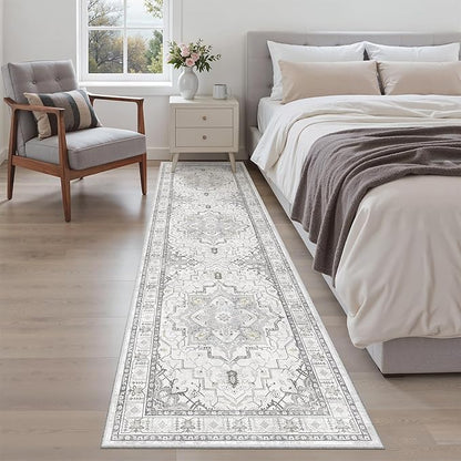 Madane Runner Rug 2x8, Washable Hallway Runner Rugs, Non-Slip Low-Pile Soft Kitchen Rug Runner Laundry Room Rug, Vintage Throw Entry Foyer Mat for Entrance Living Room (Grey, 2 x 8)