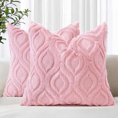 decorUhome Summer Throw Pillow Covers 24x24 Inch Set of 2, Soft Plush Faux Wool Light Pink Solid Couch Pillow Covers, Accent Euro Sham Farmhouse Neutral Square Pillow Cases for Sofa Bed Living Room