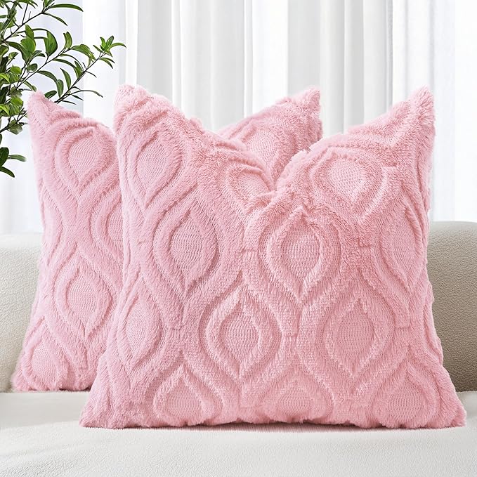 decorUhome Summer Throw Pillow Covers 26x26 Inch Set of 2, Soft Plush Faux Wool Light Pink Solid Couch Pillow Covers, Accent Euro Sham Farmhouse Neutral Square Pillow Cases for Sofa Bed Living Room