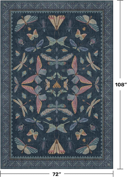 Boho Living Room Area Rug 6x9, Non Slip Dining Room Rugs for Under Table, Washable Soft Low Pile Bedroom, Vintage Insect Moth Dark Home Décor, Stain Resistant Carpet (Navy Blue)