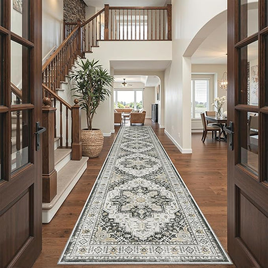Madane Hallway Runner Rug 3x16 - Vintage Non Slip Washable 16ft Kitchen Runner for Entrance Soft Long Carpet Runners for Living Room Bathroom Low Pile Floor Mat for Bedroom Dining Room, Black