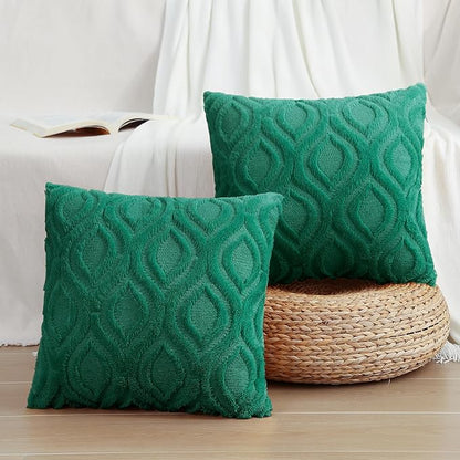 decorUhome Throw Pillow Covers 18x18 Inch Set of 2, Soft Plush Faux Wool Green Solid Couch Pillow Covers, Accent Farmhouse Neutral Square Pillow Cases for Sofa Bed Living Room