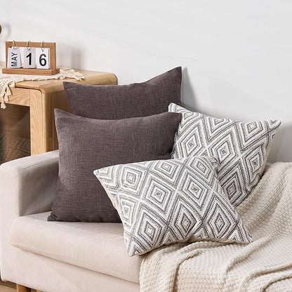 HPUK Decorative Throw Pillow Covers Set of 4 Dark Gray Geometric Design Linen Cushion Cover for Couch Sofa Living Room, 18"x18", Natural
