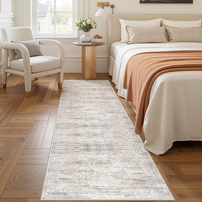 Rug Runners for Hallways Non Slip - 2x8 Runner Rug for Bedroom, Washable Runner with Rubber Backing, Soft Low-Pile Carpet for Kitchen, Laundry, Bathroom (2'x8', Brown/Grey/Ivory)