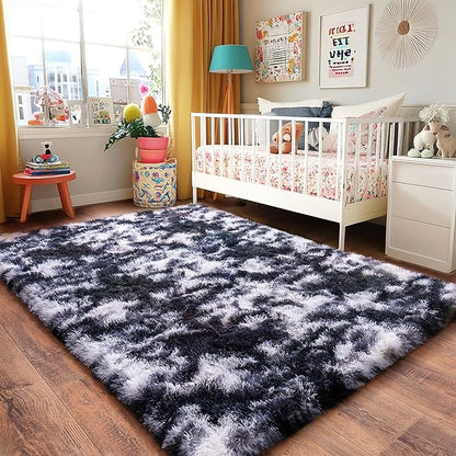 Black and White Rug for Bedroom, 4x6 Area Rug for Kids Room, Bedside Indoor Floor Fluffy Shag Carpet, Plush Soft Rug for Living Room Nursery Dorm Home Decor