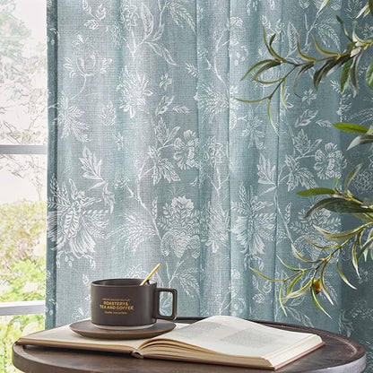 jinchan Linen Floral Curtains for Living Room, 96 Inch Length Curtains with Printed Flower Light Filtering Curtain, Rod Pocket Back Tab Blue Window Treatment Set Bedroom Curtain, 2 Panels Blue