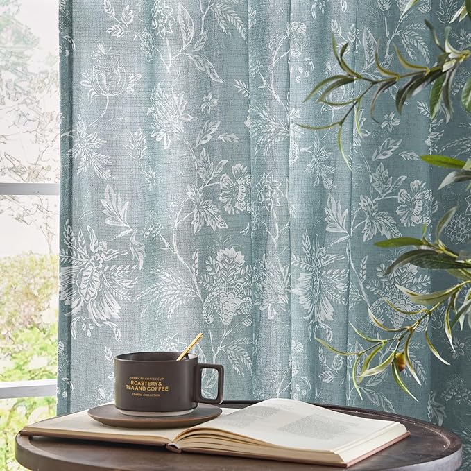 jinchan Linen Floral Curtains for Living Room, 84 Inch Length Curtains with Printed Flower Light Filtering Curtain, Rod Pocket Back Tab Blue Window Treatment Set Bedroom Curtain, 2 Panels Blue