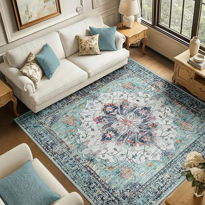 RELEANY Area Rugs Square 6ft Washable Non-Slip, Floral Vintage Distress Print Pattern Medallion Carpet for Living Room Bedroom Dining Room, Green Navy Blue White Red Teal Colorful