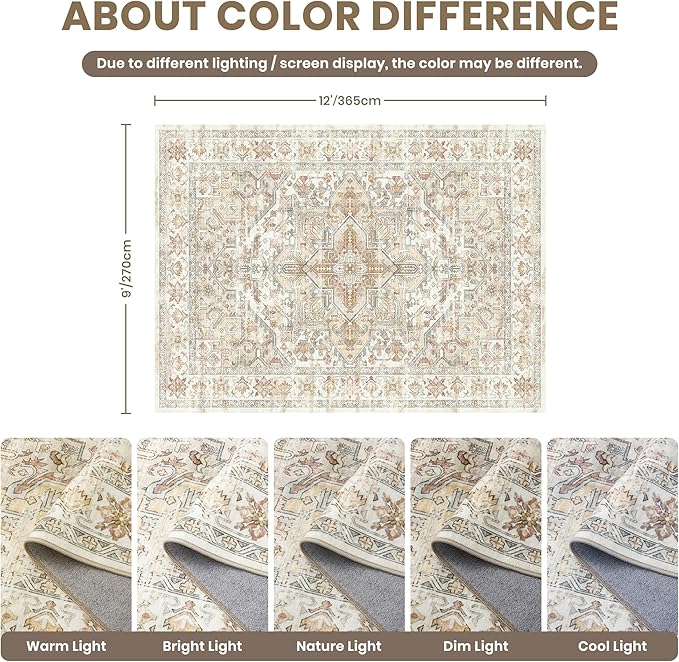 zesthome 9x12 Area Rugs-Washable Rug for Living Room, Non-Slip Backing Rugs, Stain Resistant Rug for Bedroom, Ultra-Thin Low Pile Rugs, Vintage Large Home Decor