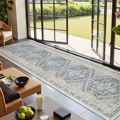 Carpet Runners for Hallway 12ft, Non-Slip Long Bathroom Rugs Runner for Kitchen, Bedroom, Soft Vintage Washable Rug for Entryway, Thin Floor Mat for Dining Room(Blue/Beige,2.5'x12')