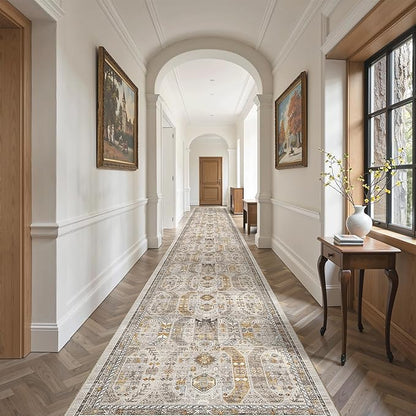 Madane Hallway Runner Rug 3x18 - Kitchen Rugs 18ft Washable Entryway Rug Vintage Kitchen Runners Non Slip Indoor Area Rug Farmhouse Carpet Runner for Bathroom Living Room Bedroom, Brown/Gold