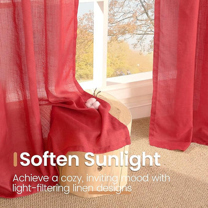BGment Red Linen Curtains 40 Inch Length for Window, Short Drapes Semi Sheer Textured for Bathroom Kithchen Window with Rod Pocket Lightweight, 2 Panels, Each 42 Inch Wide