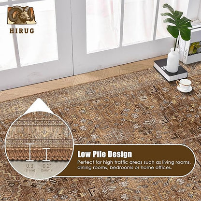 Washable Area Rug 9' x 12' Vintage Traditional Persian Mat - Foldable Distressed Non-Slip Machine Washable Carpet for Living Room Bedroom Kitchen Home Decor - Bronze and Ivory
