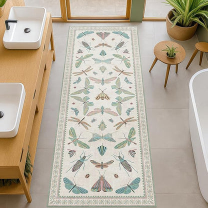 Hazo Haus Boho Bathroom Runners - 2x6 Blue and Green Rug for Kitchen, Entry Way, Non Slip Washable Butterfly Insect Print Home Decor