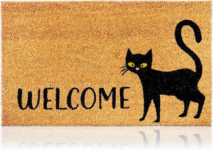 Black Cat - 17"x29" - Coir Door Mat with Heavy Duty Backing - Welcome Mats for Entryway, Porch - Anti-Slip PVC & Coconut Fiber Surface - Natural Home Accessories, Minimalist Original Design