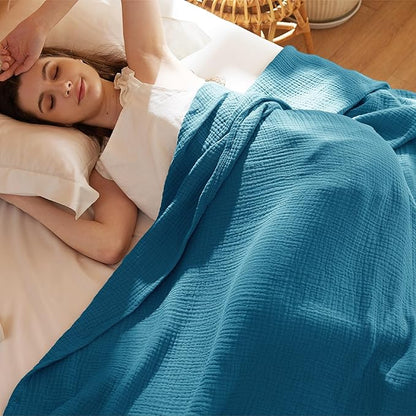 Bedsure 100% Cotton Muslin Throw Blanket Twin XL for Bed - 4-Layer Breathable and Lightweight Thin Soft Summer Gauze Muslin Blankets for Adults, Teal, 66x90 Inches