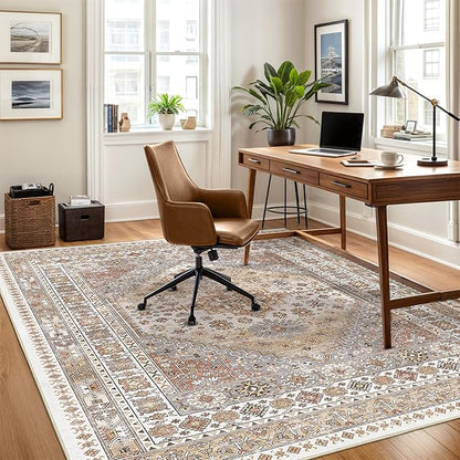 Area Rugs 5x7, Ultra-Thin Washable Rugs for Living Room, Anti-Slip Backing Area Rug for Bedroom, Soft Floral Vintage Home Decor Rug for Dining Room(Orange,5'x7')