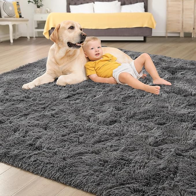 Tepook Fluffy Large Rugs for Living Room, Shag Area Rug 6x9 Soft Carpet for Bedroom, Modern Shaggy Rug for Kids Boys Girls, Plush Indoor Nursery Home Decor Rug with Non-Slip Bottom, Dark Grey