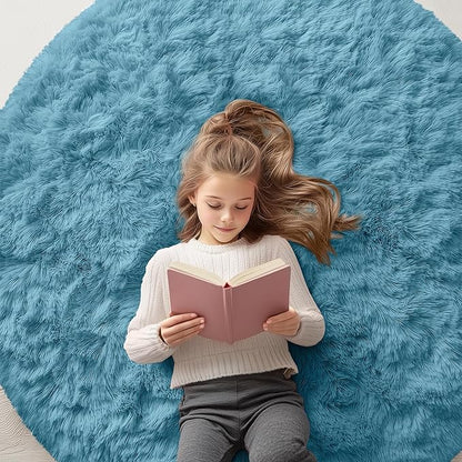 OLANLY Slate Blue Round Rugs for Bedroom - Machine Washable, 3 ft Circle Area Rugs for Living Room, Soft and Fluffy Shaggy Carpet for Teen Girl and Boys, Nursery Rooms, Dorms, Home Decor Aesthetic