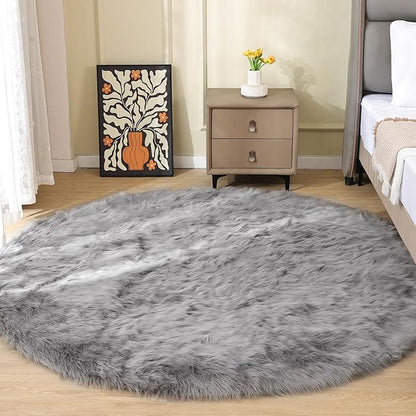 ORINOVA Round Rugs 6ft Silver Grey Fuzzy Faux Sheepskin Washable Furry Fur Area Rugs for Bedroom Large Boho Circle Nursery Rug