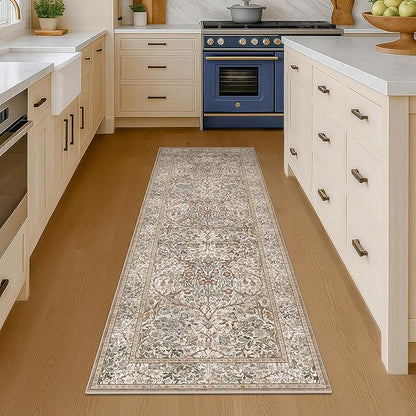 2x6 Washable Bathroom Runner Rug Non Slip - Moss Green Small Runner Rug for Kitchen, Bedroom, Hallway, Stain Resistant Kitchen Floor Mat, Ultra Soft Vintage Oriental Taupe Brown Décor Low Pile