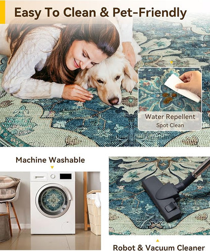 RELEANY Area Rugs 5ft Washable Non-Slip, Floral Vintage Distress Print Pattern Medallion Carpet for Living Room Bedroom Dining Room, Dark Blue Vintage