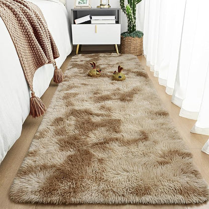 Tepook Fluffy Runner Rugs for Bedroom Aesthetic 2x6 Feet, Shag Soft Bedside Rug with Non-Slip Bottom, Fuzzy Plush Carpet for Room, Hallway Rug for Nursery Dorm Indoor Home Decor, Tie-Dyed Beige