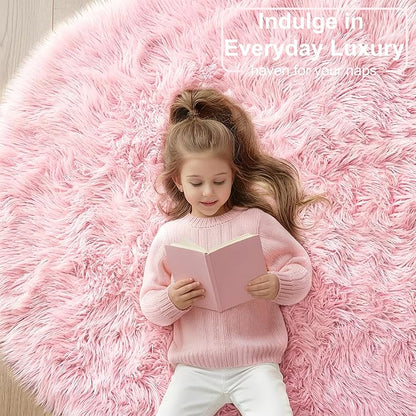 Amdrebio Pink Round Area Rugs 7Ft for Girls Bedroom Decor, Fluffy Large Circle Rug for Living Room, Kids Room, Teen, Fuzzy Plush Carpets for Baby Nursery, Dorm, Classroom, Big Indoor Kawaii Play Rug