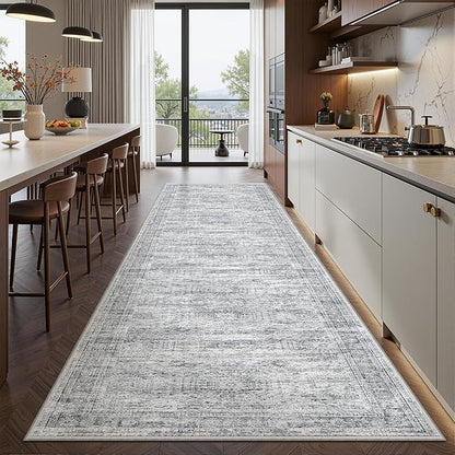 Kitchen Runner Rugs Non Skid Washable - 2.5 x 10 Runner Rug with Anti Slip Backing, Ultra-Thin Soft Rug Runner for Hallway, Bedroom, Living Room (2.5'x10', Grey/Ivory)