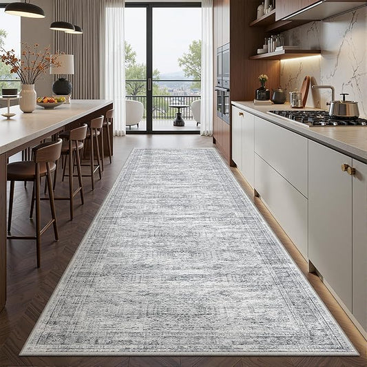 Kitchen Runner Rugs Non Skid Washable - 2.5 x 10 Runner Rug with Anti Slip Backing, Ultra-Thin Soft Rug Runner for Hallway, Bedroom, Living Room (2.5'x10', Grey/Ivory)