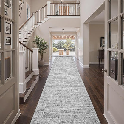 3x18 Washable Runner Rug for Hallway, Non-Slip Long Hallway Runner for Entryway, Soft Vintage Kitchen Mats for Floor, Abstract Dining Room, Bedroom, Living Room Rugs(3'x18', Grey/Ivory)
