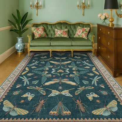 Hazo Haus Insect Teal Green 5x7 Area Rug for Living Room - Cottage Core Rug for Bedroom, Dining Room, Kids Playroom, Home Office, Floral Vintage Whimsical Butterfly Washable Non Slip Floor Décor