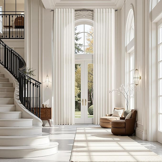 Ivory White Linen Curtains 132 Inch Length for Living Room Light Filtering Semi Sheer Curtain Back Tab Neutral Modern Farmhouse Decor Drapes Floor to Ceiling High Window for Bedroom 52x132, 2 Panels