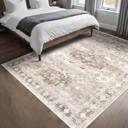 Hazo Haus Washable Neutral Farmhouse Living Room Rug, 5x8 Area Rugs for Bedroom Under Bed, Nursery Room, Boho Vintage Floral Non-Slip Rug Low Pile Stain Resistant (5x8 Beige/Latte)