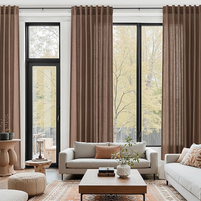 Nanspring Caramel Brown Linen Curtains for Living Room 92 Inches Long Back Tab Light Filtering Semi Sheer Vintage Rustic Curtain Luxury Boho Decor Drapes for Bedroom Office 52x92, 2 Panels