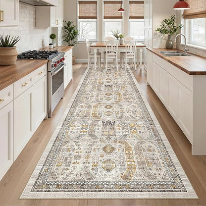 Madane 3x12 Hallway Runner Rug - Non Slip Washable 12ft Runner for Hallways Soft Vintage Kitchen Rugs Low-Pile Carpet Runner for Entryway Bathroom Thin Floor Mat for Bedroom Dining Room, Brown/Gold