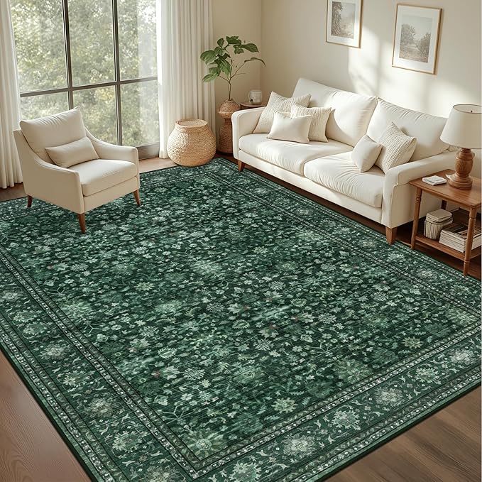 Area Rugs 9x12 Living Room Rug: Washable Rug Soft Vintage Distressed Floral Carpet Indoor Non-Slip Stain Resistant Large Carpets for Bedroom Dining Room Farmhouse Nursery Home Office Deep Green