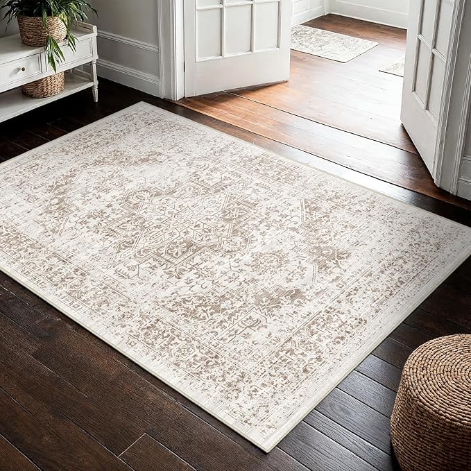 Washable 3x4 Area Rug for Entryway - Kitchen Non Slip Low-Pile Rugs Vintage Soft Thin Carpet Small Stain Resistant Mat for Bedroom Entrance Bathroom Floor Decor (Cream/Camel)