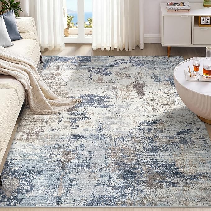 UERMEI 8x10 Area Rug Living Room Rugs Thickened - Washable Neutral Modern Abstract Soft Rug Indoor Floor No Slip Rug Carpet for Bedroom Under Dining Table Home Office Decor - Denim Blue