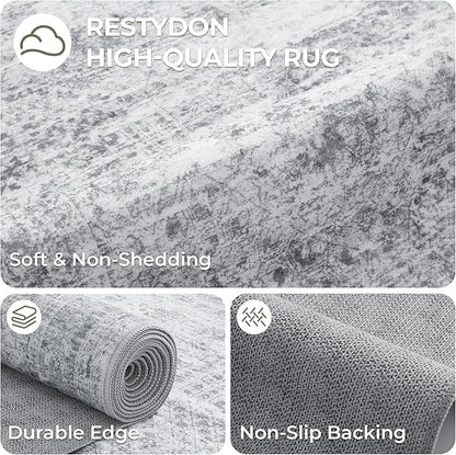 2x7 Runner Rug Non Slip, Thin Entryway Washable Rug for Entryway, Runners for Hallways, Low Pile Vintage Abstract Soft Rugs for Living Room, Kitchen, Bedroom(2'x7', Grey/Ivory)