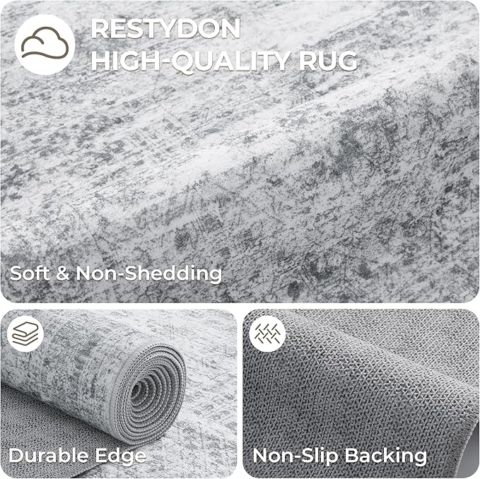 3x10 Runner Rug Non Slip Washable for Entryway, Vintage Hallway Runner for Front Porch, Laundry Room, Bedroom, Abstract Stain Resistant Thin Indoor Kitchen Mats for Floor(3'x10', Grey/Ivory)
