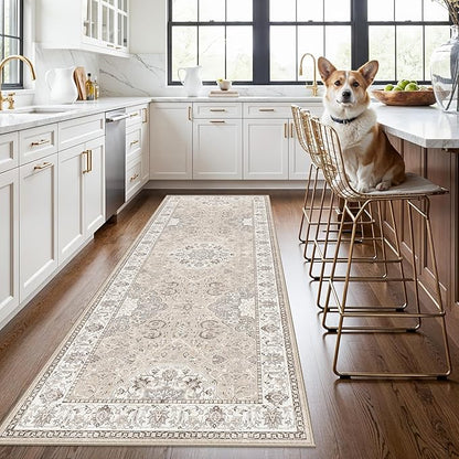 Washable 3x8 Kitchen Runner Rug: Indoor Oriental Hallway Carpet Low-Pile Stain Resistant Entryway Bathroom Area Rug Non Slip Vintage Soft Floor Mat for Living Room Bedroom Boho Home Decor(3x8,Beige)